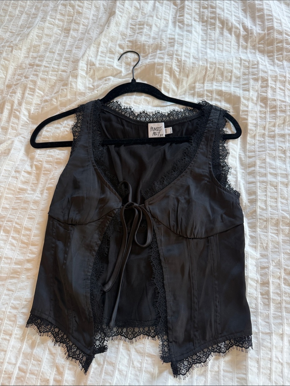 Princess Polly Black Lace-Trim Tie Front Tank